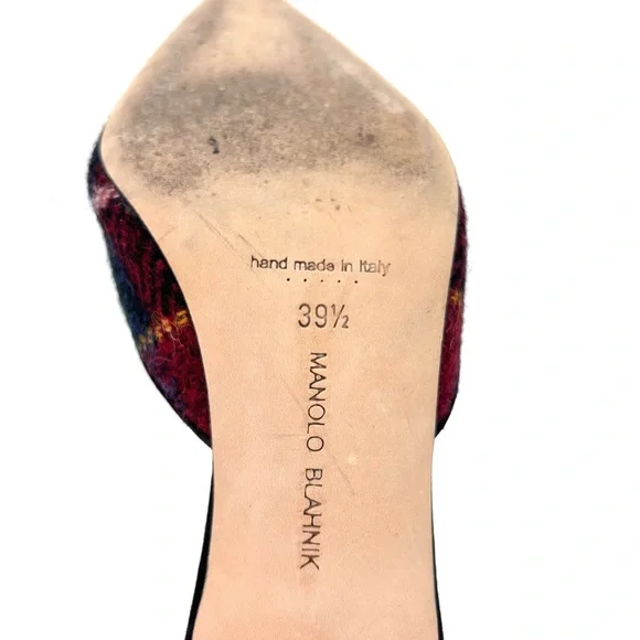 Manolo Blahnik Maysale Plaid Tweed Slip On Kitten Heel Mules 39.5 - Picture 10 of 10